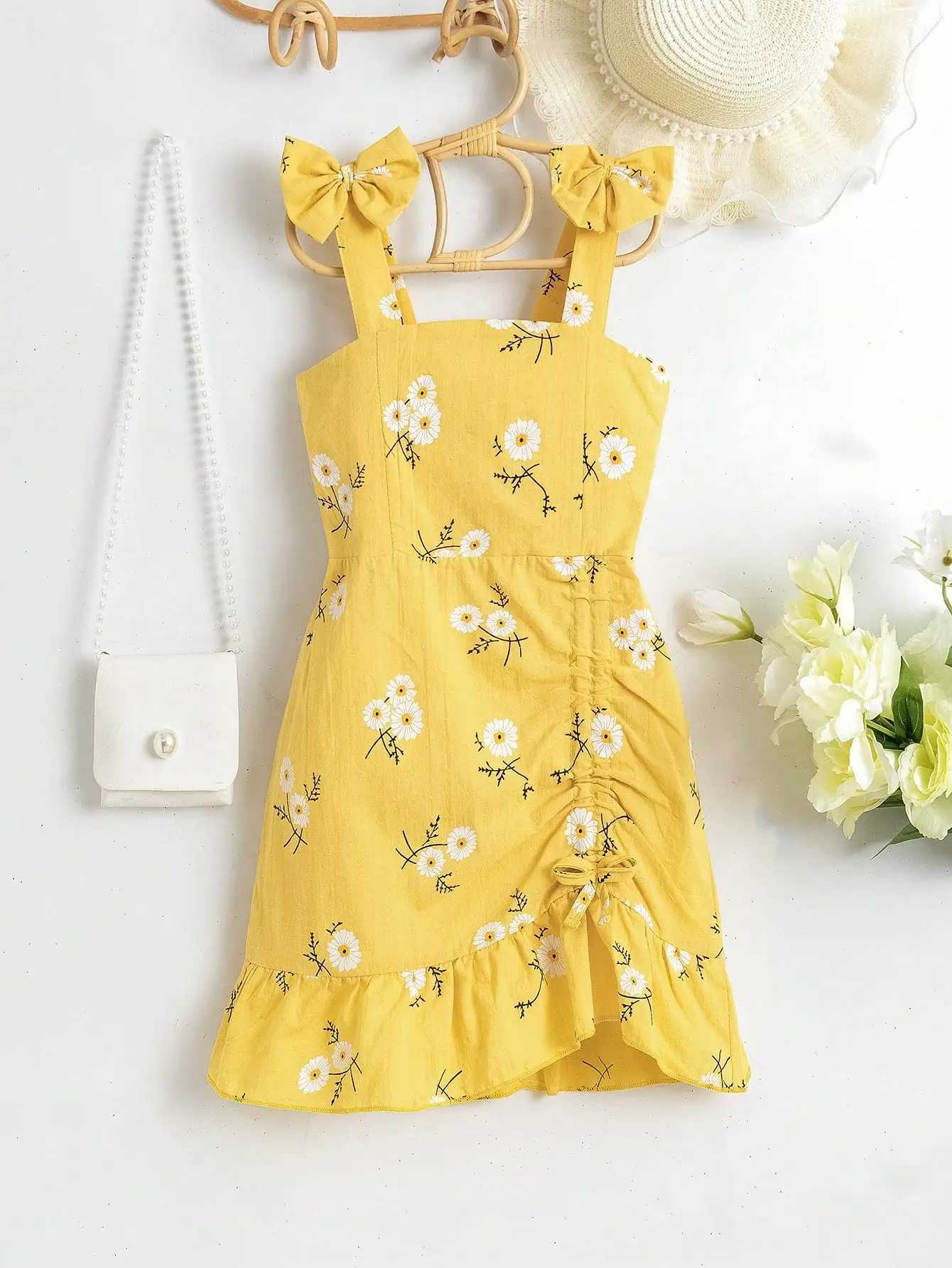 Girls Red White Gingham Strap Dress | Floral Ruffle Summer Outfit for Ages 4-7 Vacation Photo Shoots (S/S) X250528