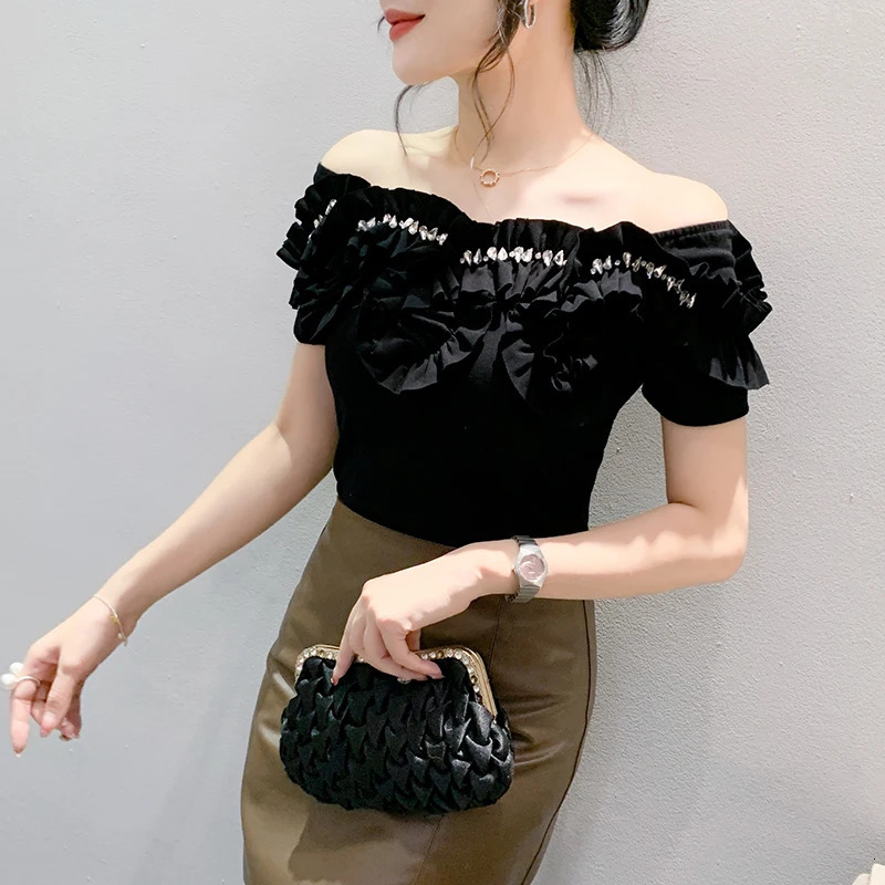 2024 Summer European Clothes TShirt Chic Sexy Off Shoulder Patchwork Ruffles Diamonds Tops Short Sleeve Tees 078 250519