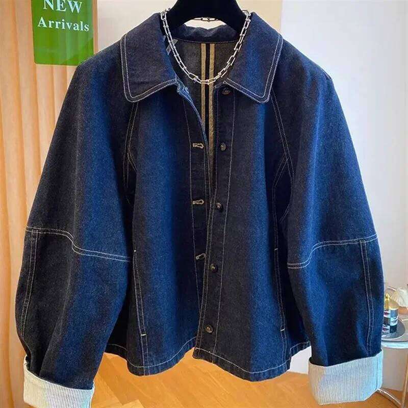 Vintage Denim Coat Women 2025 New Spring Autumn Fashion Short Jeans Jacket Female Casual Cuffs Splicing Loose Cowboy Tops T874