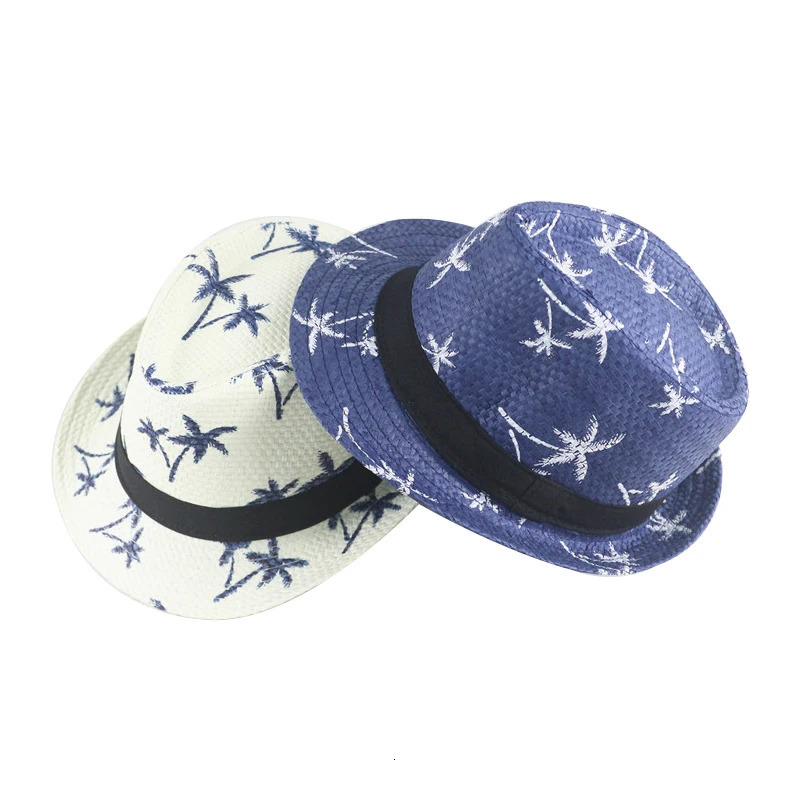 Summer Children Straw Hat Print Baby Hats Kids Boys Panama Jazz Hat Outdoor Sun Beach Cap 250528