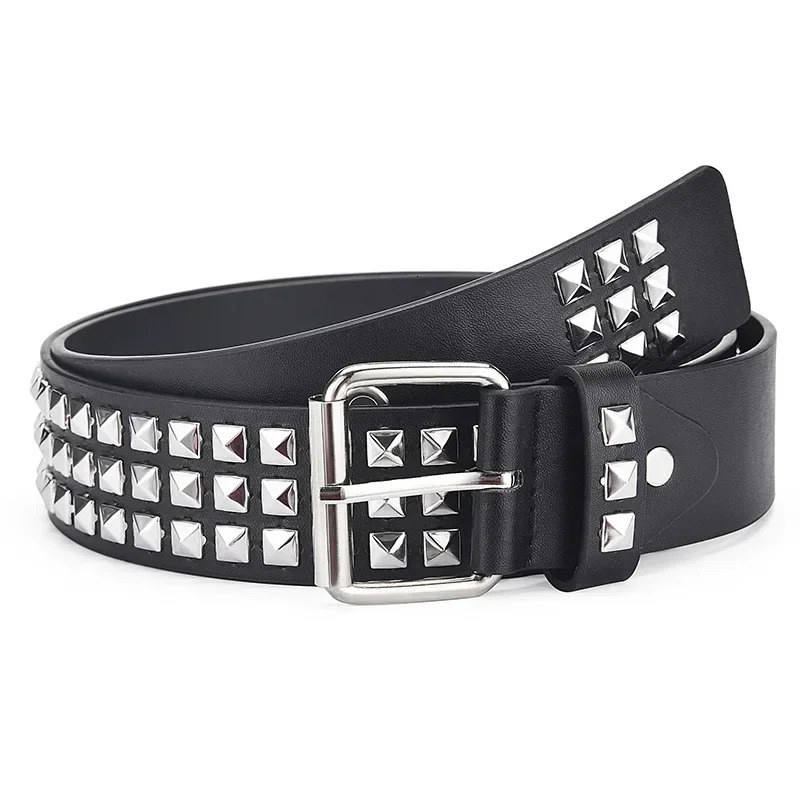 Retro Square Bead Rivet Belt Men Women Universal 3-row Pyramid Inlaid with Silver Punk Gothic Belt Hip Hop Dance Accessories 250520
