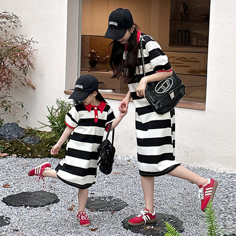 Mother-daughter Dress Parent-child Summer T-shirt Gown Childrens Striped Clothing Kids Girls Polo Shirt Loose Dresses 250528