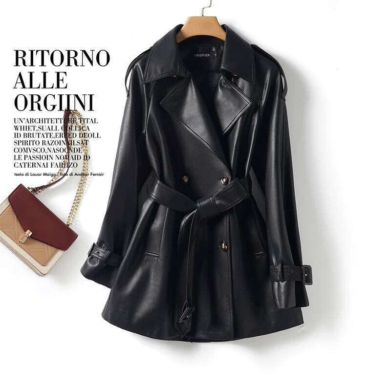 Genuine Leather Trench Autumn Winter Women's Double Breasted Sheepskin Mid Length Coat With Belt Ladies Overcoat Outerwear