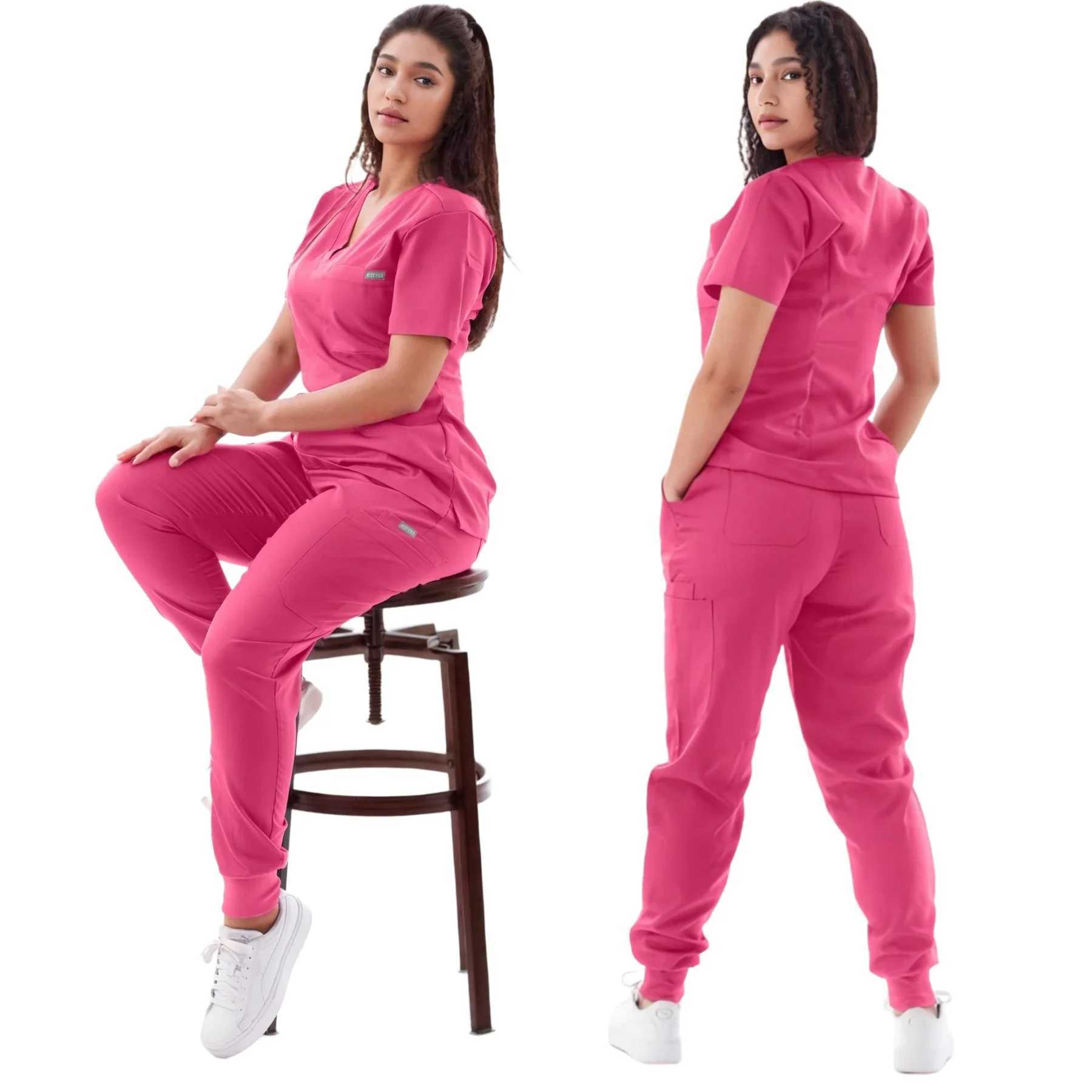 Multicolour Jogger Suits Doctor Nursing Uniforms Short Slve V-neck Tops Pocket Pants Nurse Scrubs Set Medical Clinical Clothes X2505287