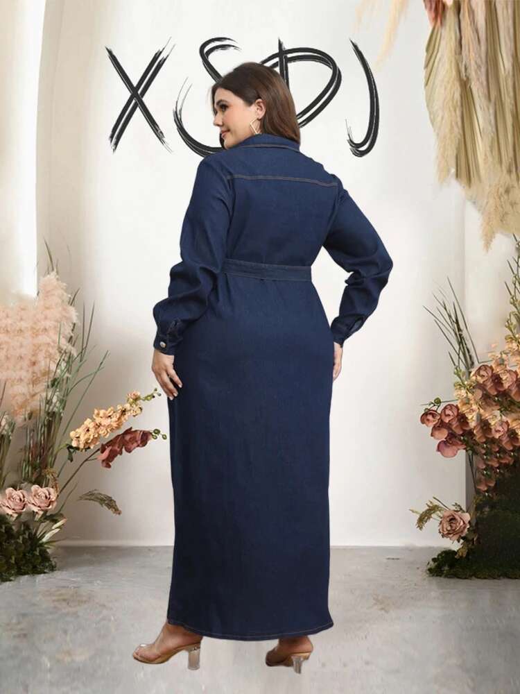 Long Denim Dress Sleeves Winter Plus Size Dress Women Elegant Luxury Cardigan Casual Denim Dress Wholesale Dropshipping