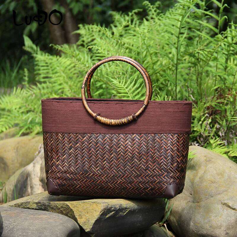 LUCDO Rattan Weave Wooden Handle Retro Ladies Fashion Handmade Retro Bamboo Handbag Old Straw Woven Bags For Women Totes