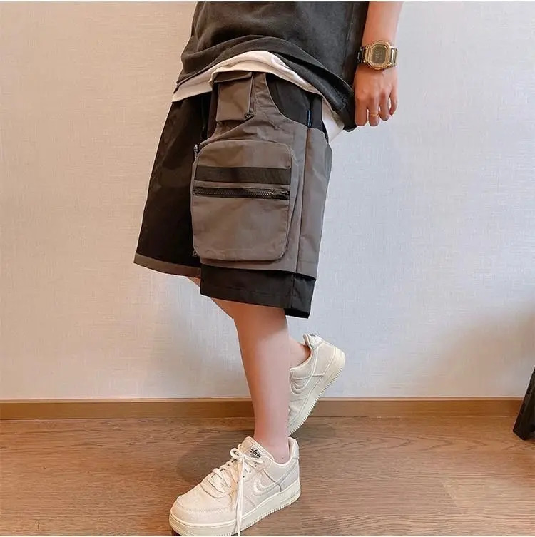 Black and Gray Splicing Versatile Fake Two-piece Pocket Mens Summer High Street Workwear Casual Shorts 250523