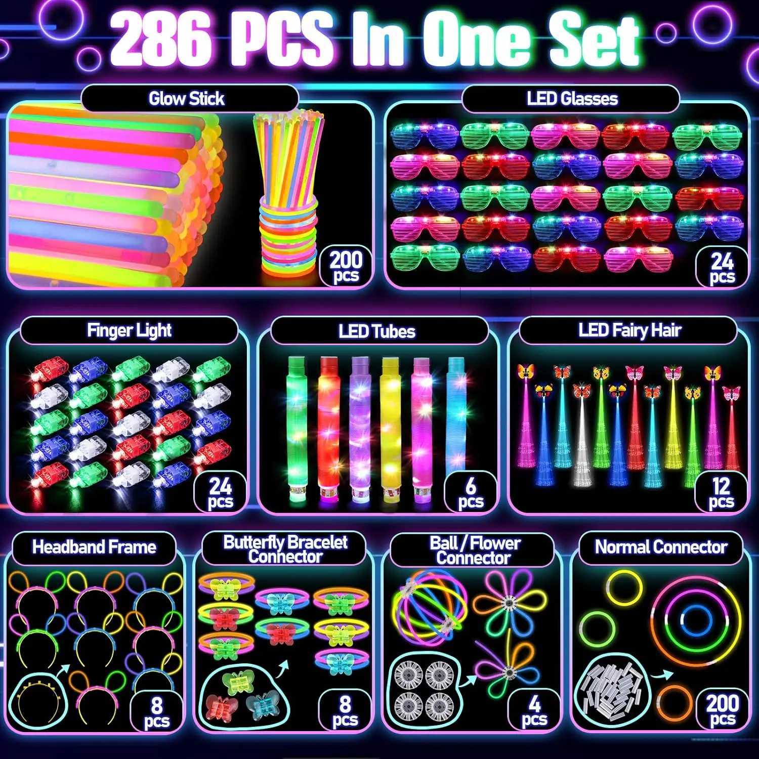286-Pack LED Party Supplies Glow Glasses Tubes Hair Clips Sticks DIY Bracelets Headbands for Neon Party W250528