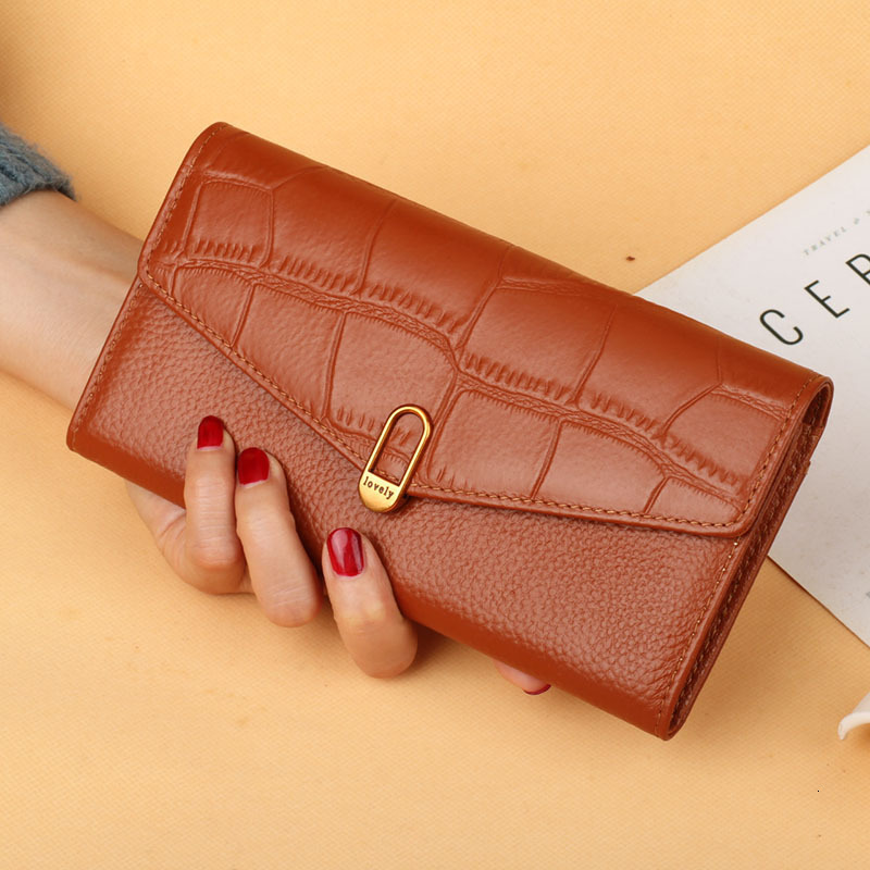 Free Shipping Designer Wallet Head Layer Leather Women's Handbag Long Two Fold Buckle Phone Bag Leather Multi Card ID Bag
