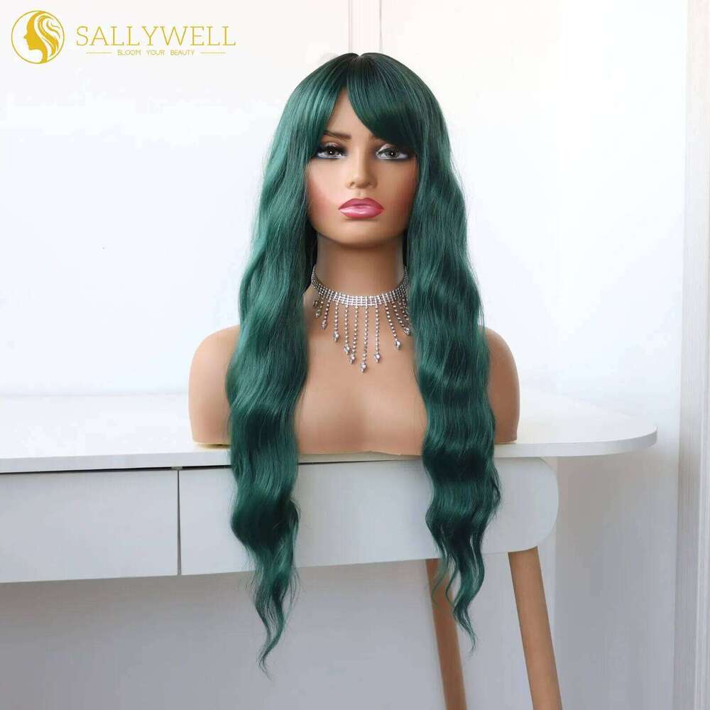 Long Wavy With Bangs Heat Resistant Synthetic Fiber Ombre Green Dark Roots Loose Curly Wave Wig