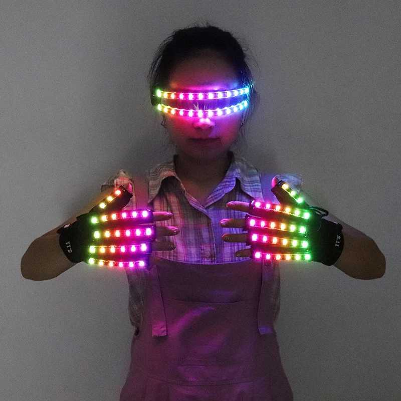 Full Color LED Gloves Glowing Glasses Light Up Glasses Rave Costume Decor Dance Performances Luminous Props Halloween Decoration W250528