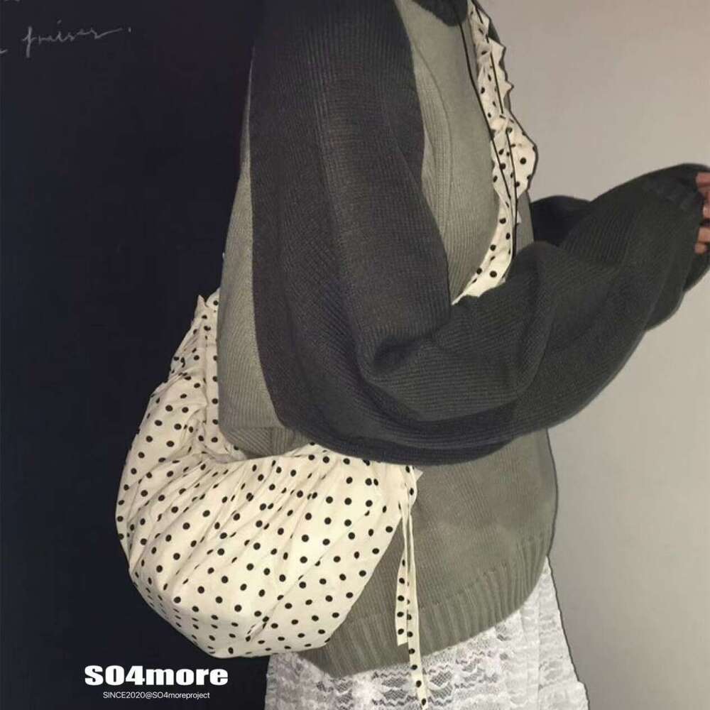 Polka Dot Korean INS Niche Cute Lace-up Pleated Single Shoulder Crescent Saddle Bag Versatile Crossbody Handbag
