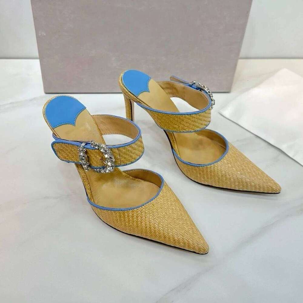 Top Version 2025 New Dia Buckle Rafi Grass Braided Pointed-Toe Slim High Heel Half Slippers Mules Shoes Bota Feminina