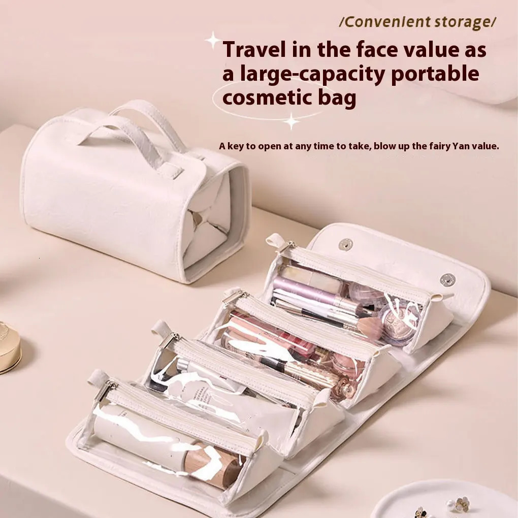 4 In 1 Travel Toiletry Bag 4 Detachable Compartments Hanging Makeup Bag PU Large Capacity Roll Up Cosmetic Bag for Travel 250527