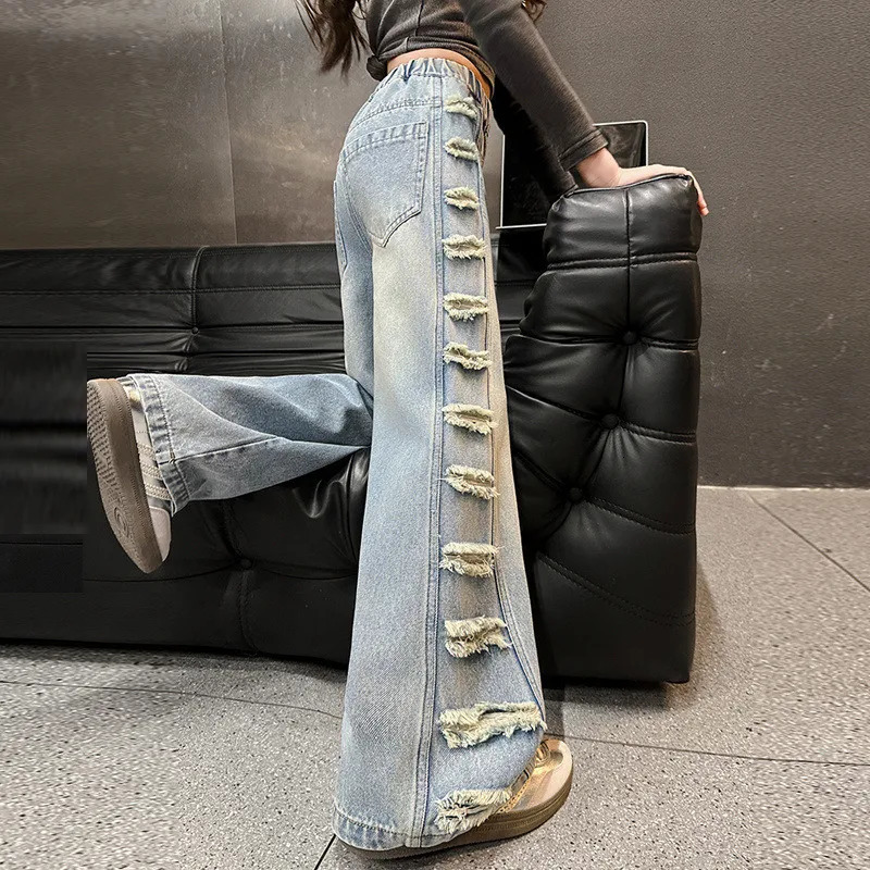 Girls American street side wear jeans versatile childrens ripped wideleg pants fashionable straight 515 year 250528