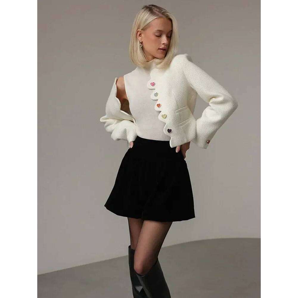 Small Fragrance Lady Elegant Solid Cute Buttons Jacket Fashion Irregular Collar Long Sleeve Coat Woman Fall Causal Commuter Wear