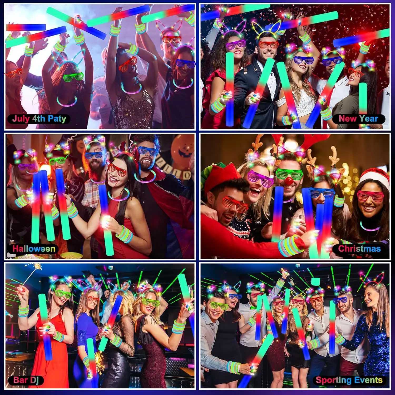 282 Pcs Neon Party Supplies 18 Foam Sticks 18 LED Glasses 200 Glow Sticks 30 Finger Lights 8 Bunny 8 Cat Ear Headbands W250528