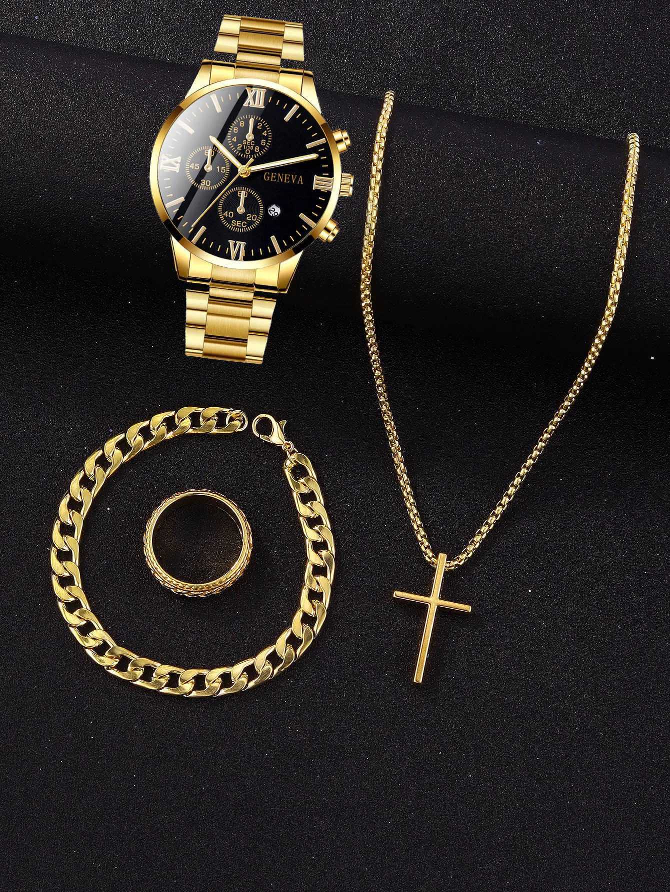 4pcs gold alloy Roman with calendar mens quartz watch and cross necklace bracelet ring set selected gift XJ250527