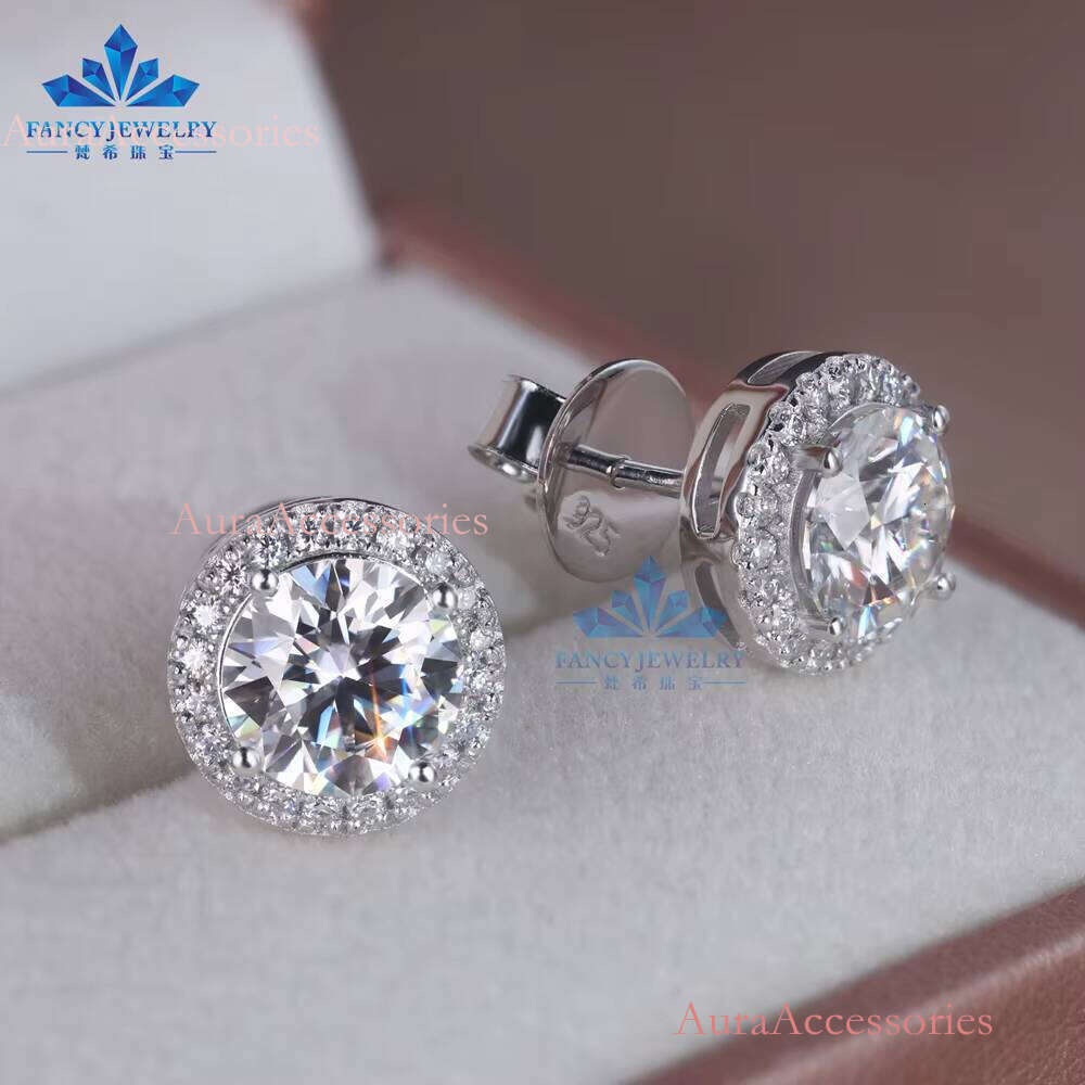 Classic Design 5mm 6.5mm 8mm Dia Def Vvs Round Moissanite Push Back Halo Stud Earrings for Women