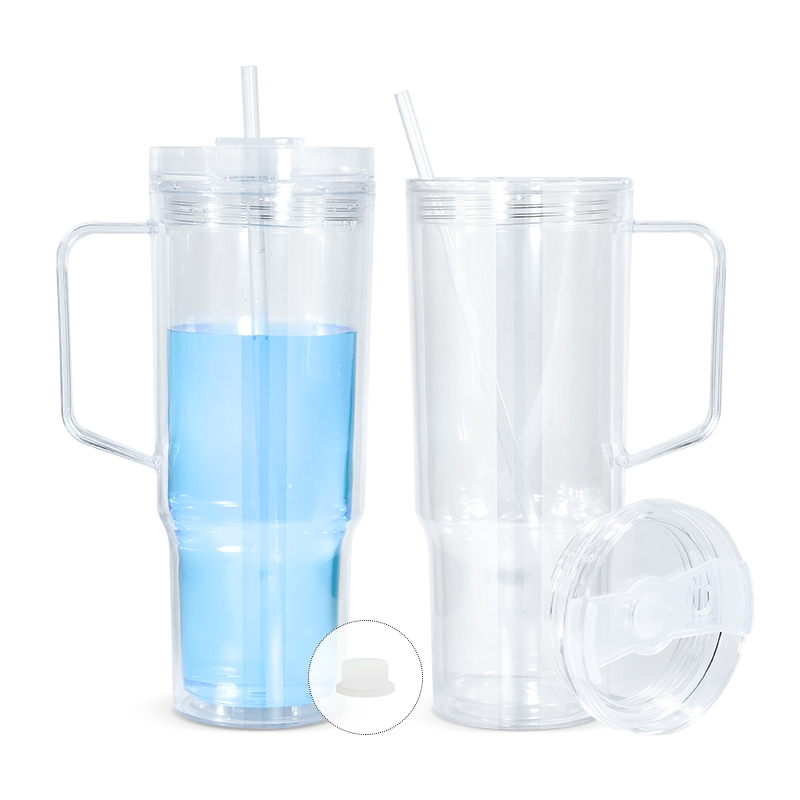 40oz double walled snow globe plastic tumblers with handle plugger straw lid pre-drilled transparent plastic mugs DIY vinyl DTF glitters