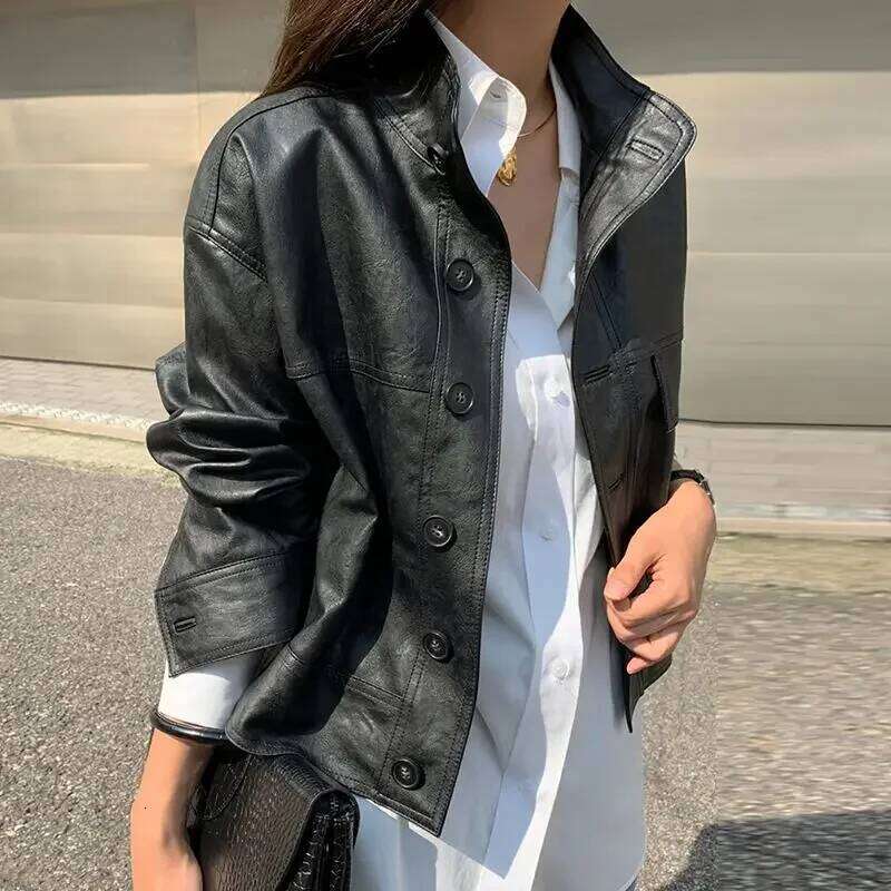 Korean Vintage Stand Collar Single Breasted Women Faux Leather Autumn Long Sleeve Casual Abrigo Mujer Short Biker Jacket