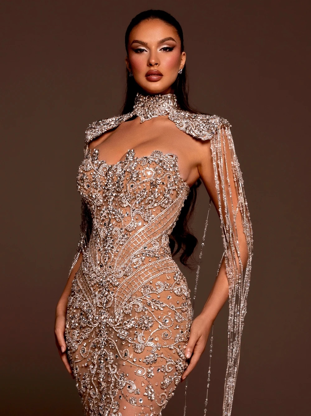 Luxury See Through Crystal Wedding Dresses Tassel Beading Strapless Bridal Gowns with Cape Rhinestone Customized Bride Dress Vestidos De Novia