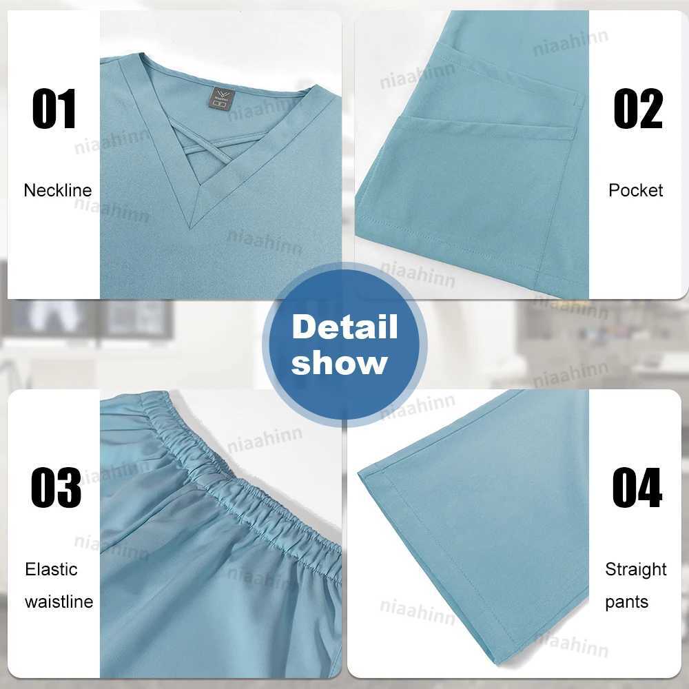 Niaahinn Medical Scrub Uniform Set Nursing Hospital Short Slves Top Pants Sets Nurse Uniform Fit Spandex Scrubs Suit X2505281