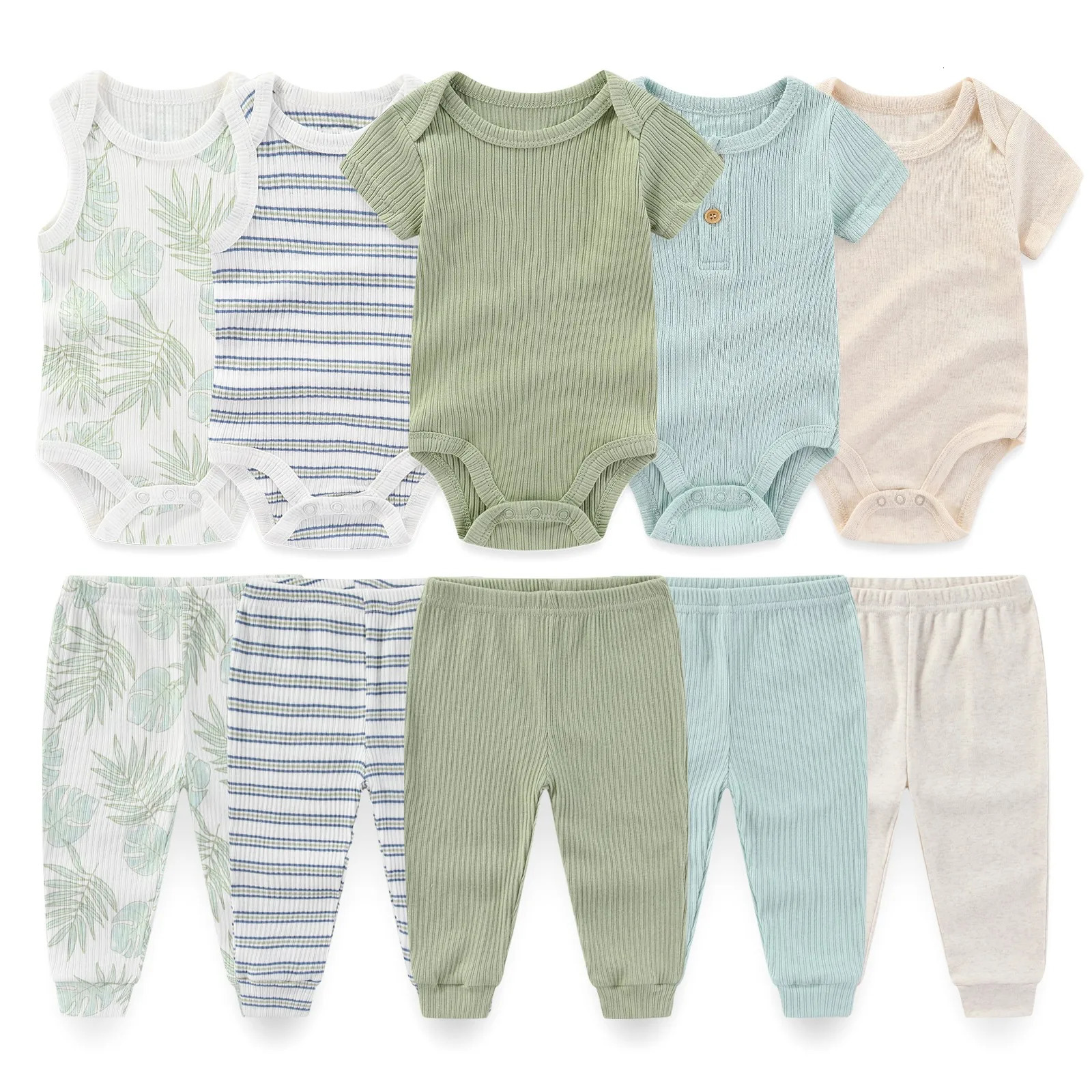 born Unisex BodysuitsPants 6910Pieces Cotton Baby Girl Clothes Sets Sleeveless Cartoon Boy Print Bebes 250528