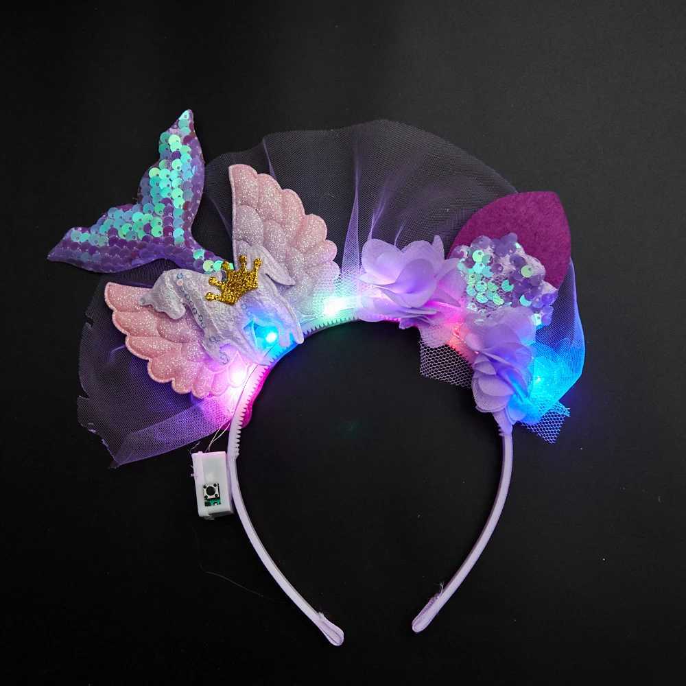 1/10/20 PCSLED Light Up Mermaid Tail Headband for Girls Glitter Sequin Hairband with Tulle and Crown for Party Birthday and W250528