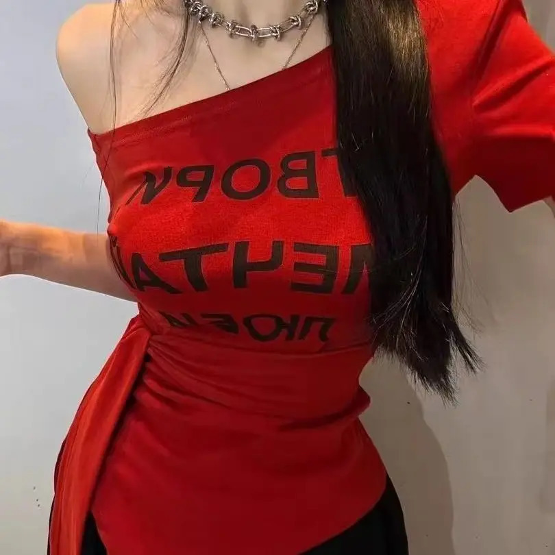 Strap Waisthugging Slim 2025 Tops for Summer Letter Tshirt Offshoulder Shortsleeved Pullover 250517