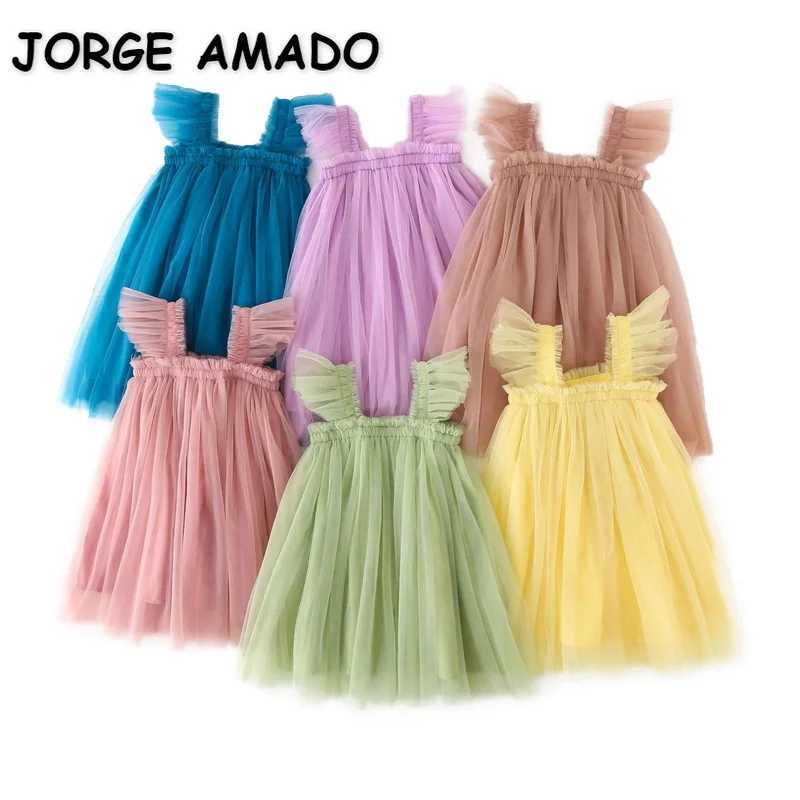 Summer Dress for Baby Girl Sling Sleeveless Square Collar Yellow Purple Pink Blue Green Mesh Princess Dress Child Clothing E2200 X250528