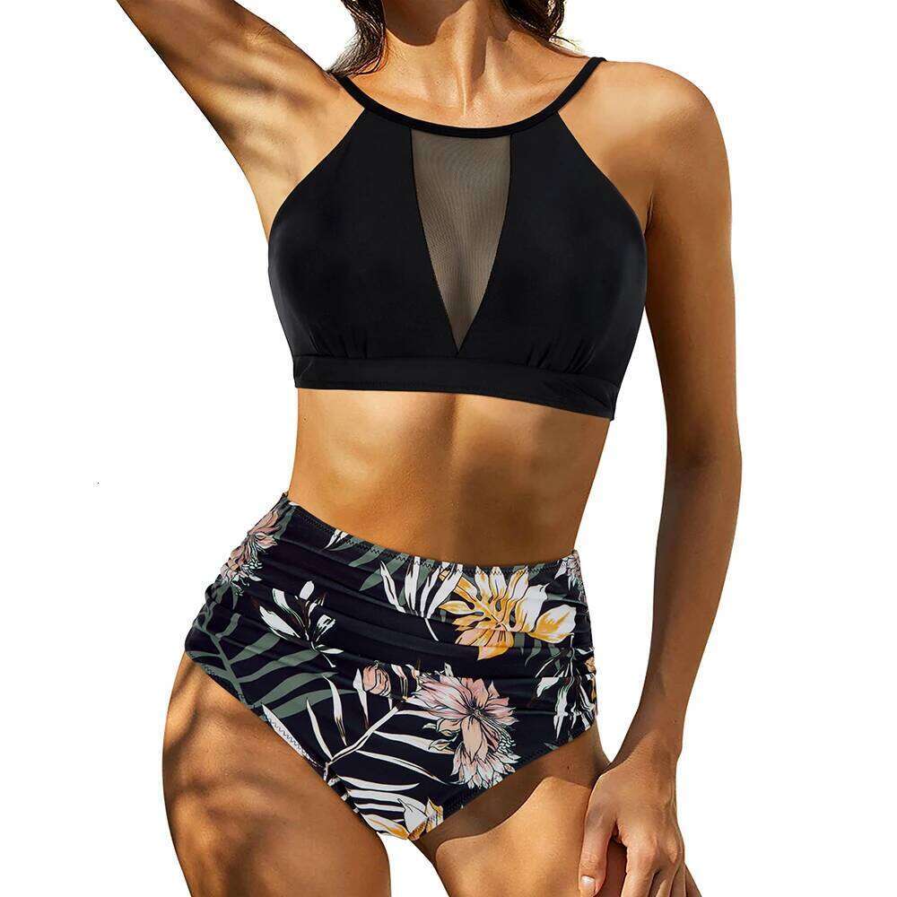 Lace-up Printed High Waisted Bikini - Elegant Two Piece Hollow Swimwear for Ladies