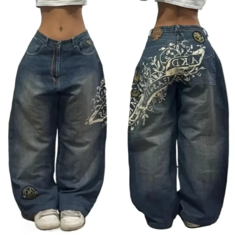 Streetwear Fashion Oversized Print Baggy Jeans Y2K Harajuku Hip-hop Vintage Goth High Waist Wide-leg Pants Trousers 250526