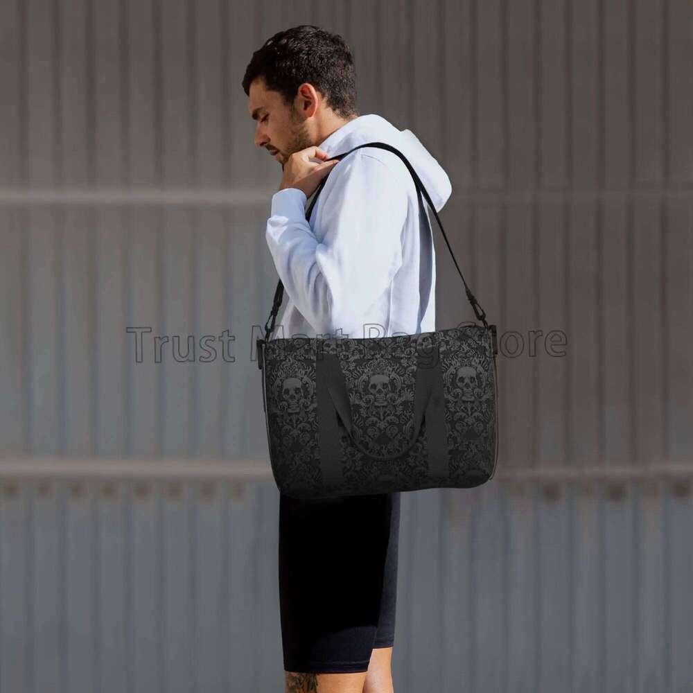 Gothic Black Skull Damask Print Hand Travel Multipurpose Weekender Bags Unisex Casual Waterproof Sports Yoga Lage Bag