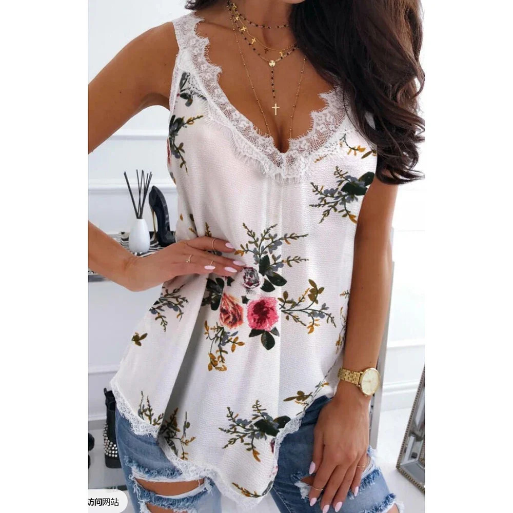 Womens Plus Size Sexy Sleeveless Vest Lace Patchwork VNeck Floral Printed Summer Female Loose Tops Irregular Daliy TShirts 250519