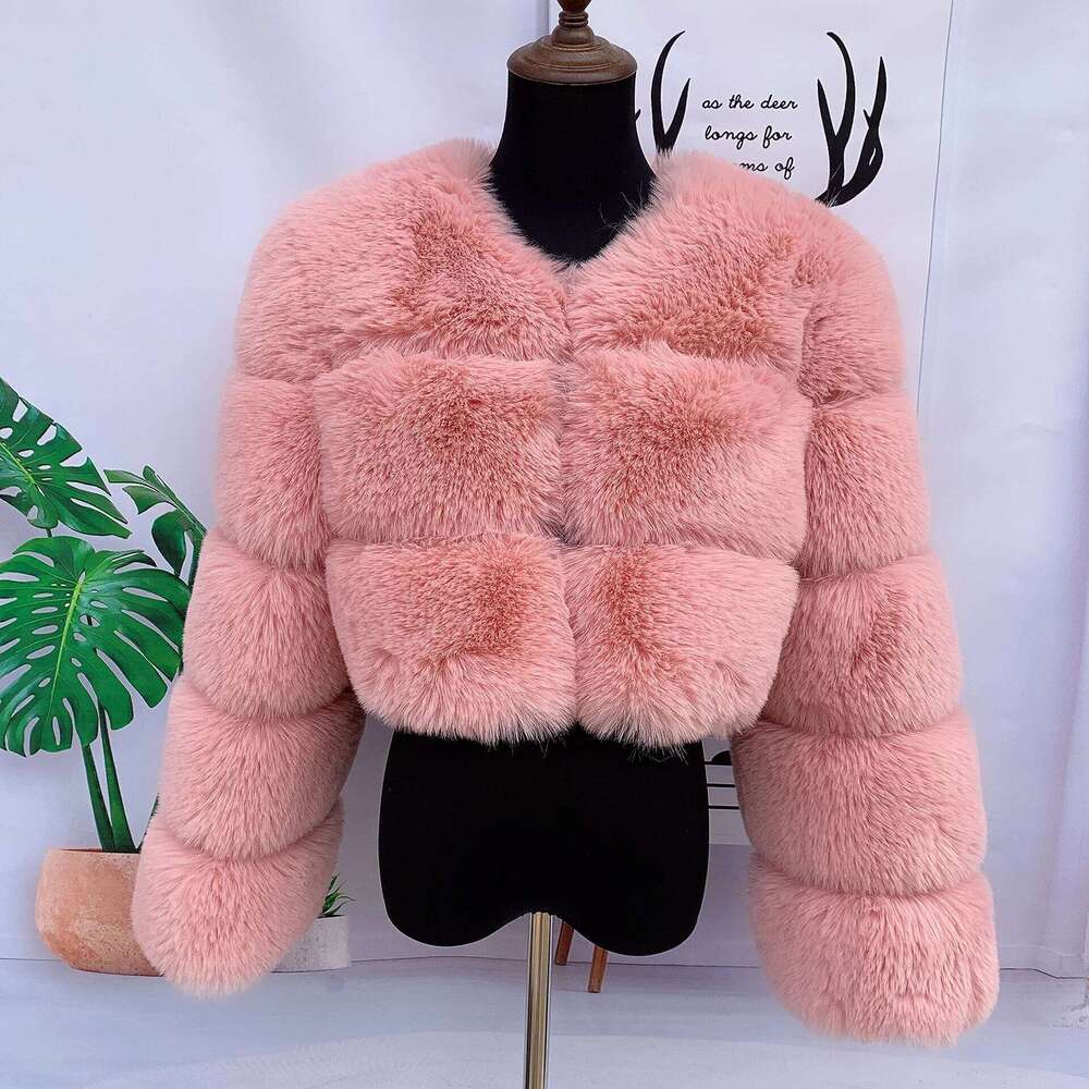 Women fake short Faux fluffy pink 3 large rows jacket fashion faux fox fur coat high quality