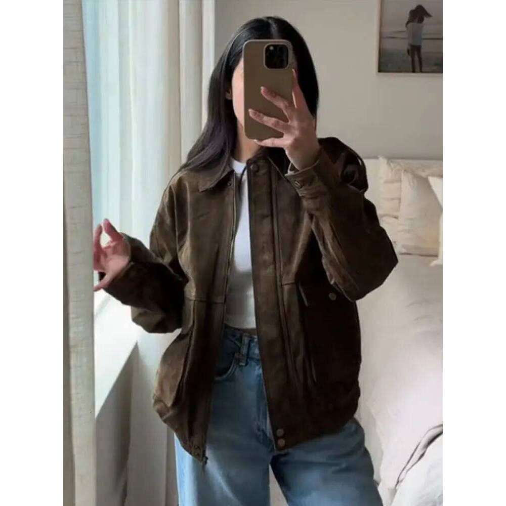 Brown Suede Jacket For Women Fashion Lapel Zipper Long Sleeve Pockets Motorcycle Bomber Coat 2025 New Spring Lady Loose Outwears