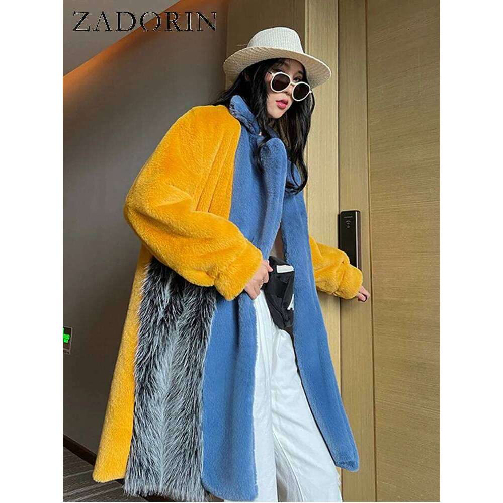 ZADORIN 2024 Winter Jackets for Furry Warm Splicing Contrast Color Blue Faux Fur Coat Long Jacket Cardigan Women