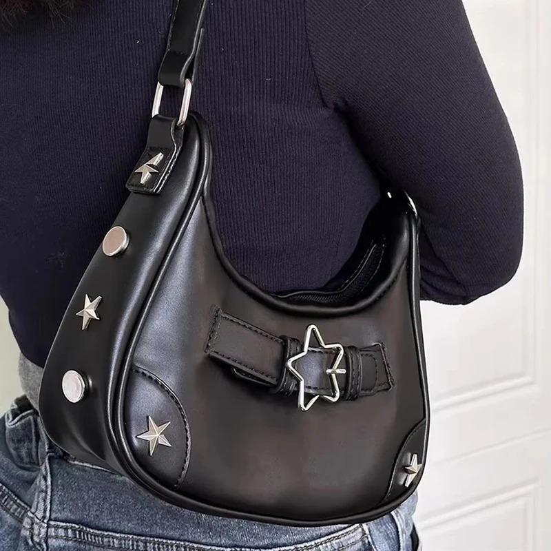Womens Fashion PU Small Shoulder Bag Y2K Star Armpit Purse American Retro Black Chic Hobo Bag High Quality Handbag 250527