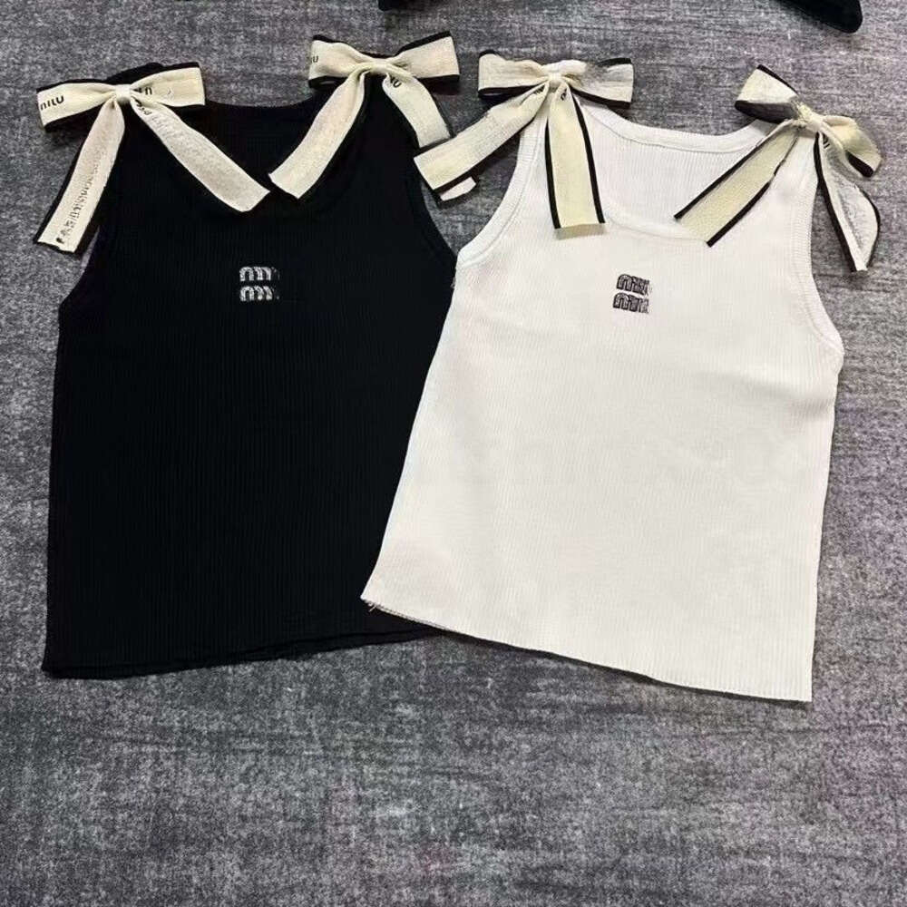 Tops Womens Cropped Tee Shirts Sleeveless Bow Shoulder High Waist Sexy Slim Tank Tops Designer Miu T Shirt Elegant Casual Clothes Embroidery Minmin Tshirt