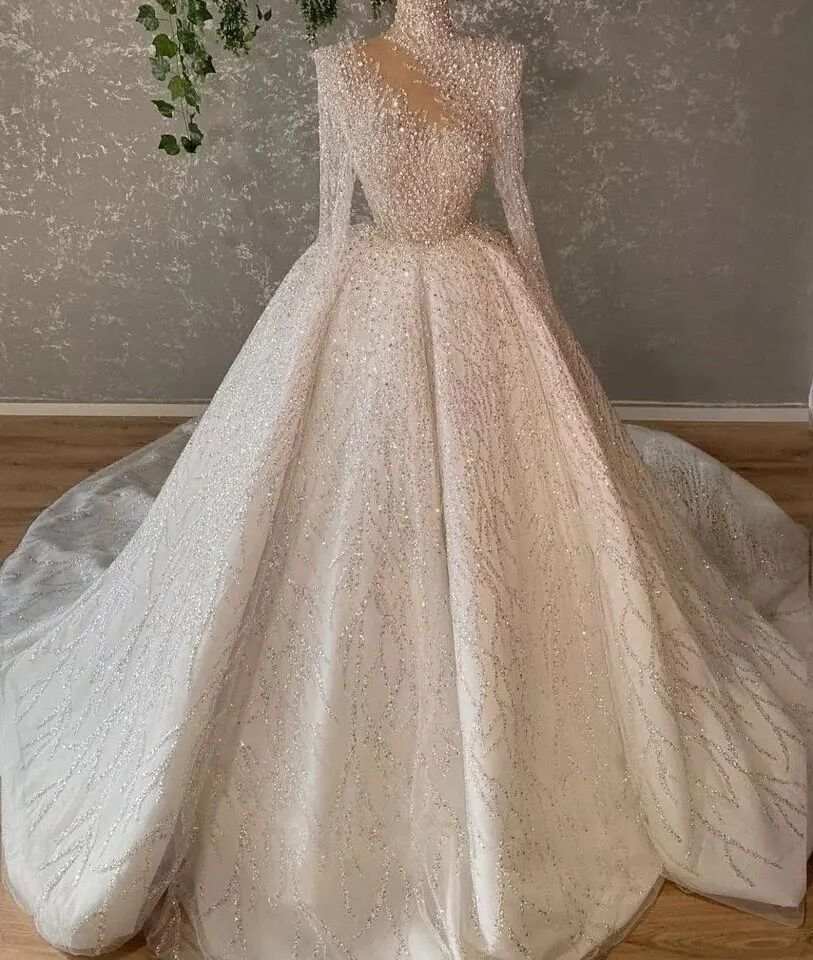 Glitter Crystals Heavy Industry Long-sleeved Embroidered Bead Lace Elegant Long-sleeved Fluffy Princess Dress Trailing Wedding Dress Vestidos De Novia