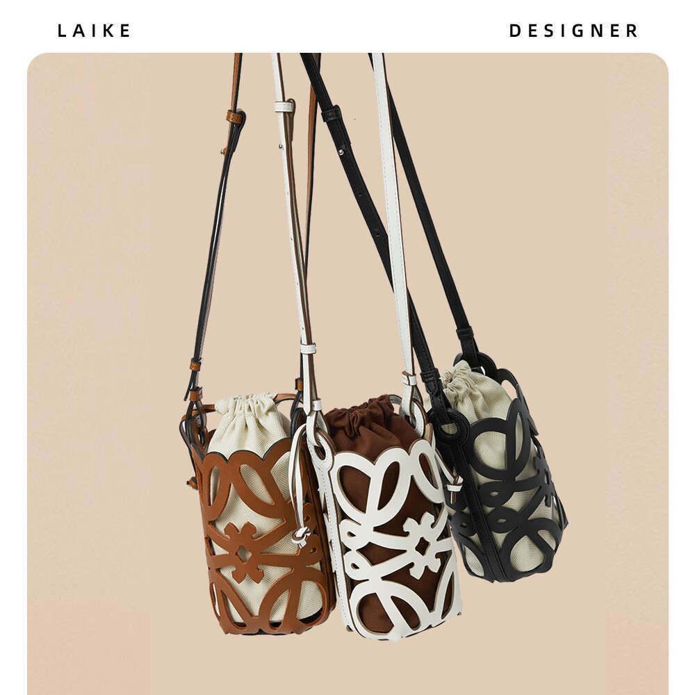 2024 New Crossbody Bucket Hollow Drawstring Canvas Inner Pocket Niche Design Fashion Versatile Mini Bag