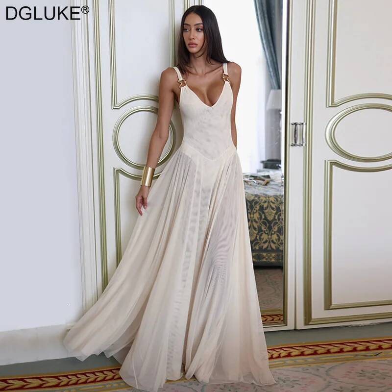 DGLUKE Transparent Mesh Maxi With Bodysuit Plunging Backless Long Summer Dress Women Sexy Beach Party Dresses