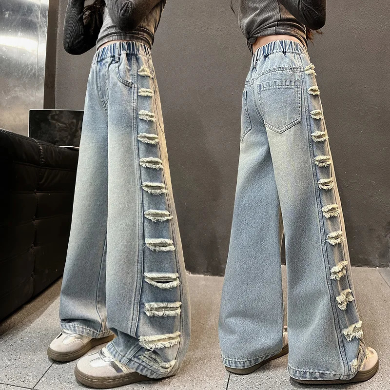 Girls American street side wear jeans versatile childrens ripped wideleg pants fashionable straight 515 year 250528