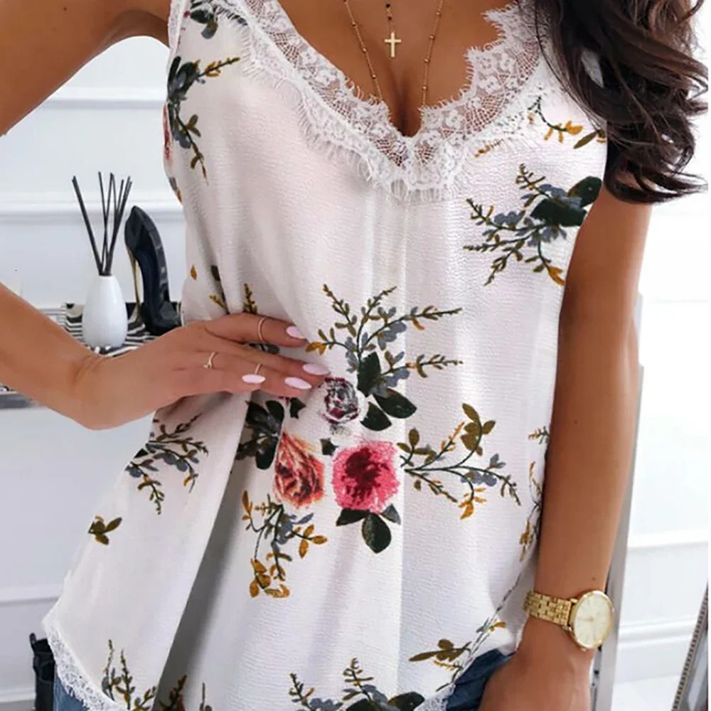 Womens Plus Size Sexy Sleeveless Vest Lace Patchwork VNeck Floral Printed Summer Female Loose Tops Irregular Daliy TShirts 250519