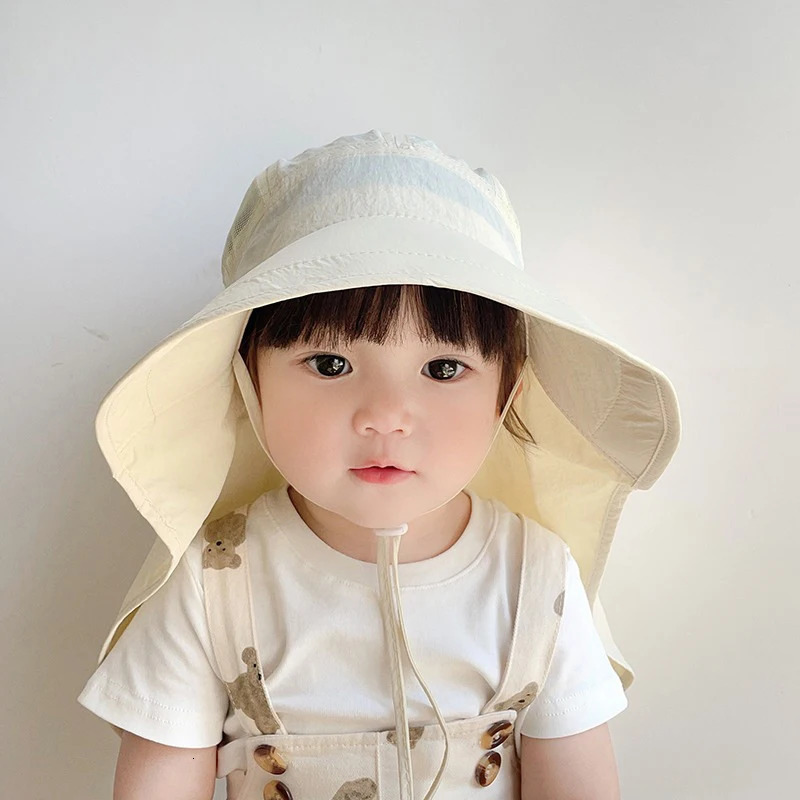 Solid Color Summer Sun Hat for Boy Girl Korean Big Brim Fisherman Cap s Quick Dry Mesh Anti UV Beach Cap with Neck Cover 250526