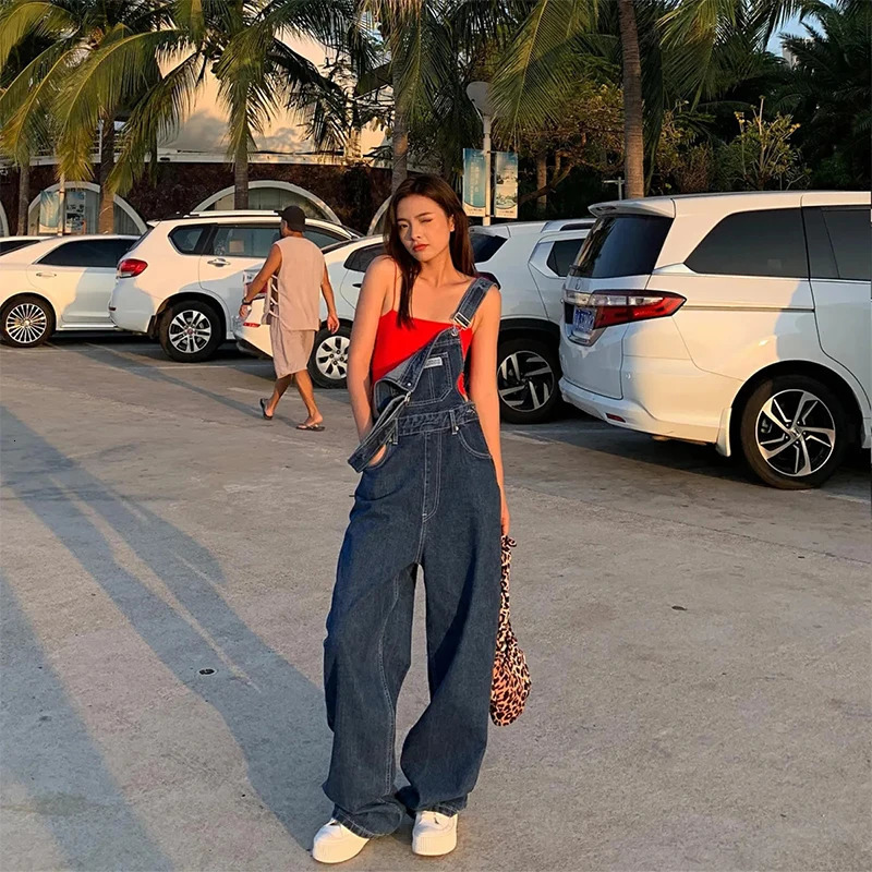 MEXZT Denim Jumpsuit Women Streetwear Baggy Overalls Fashion Pocket Wide Leg Suspender Pants Korean Straight Jeans Trousers 250523