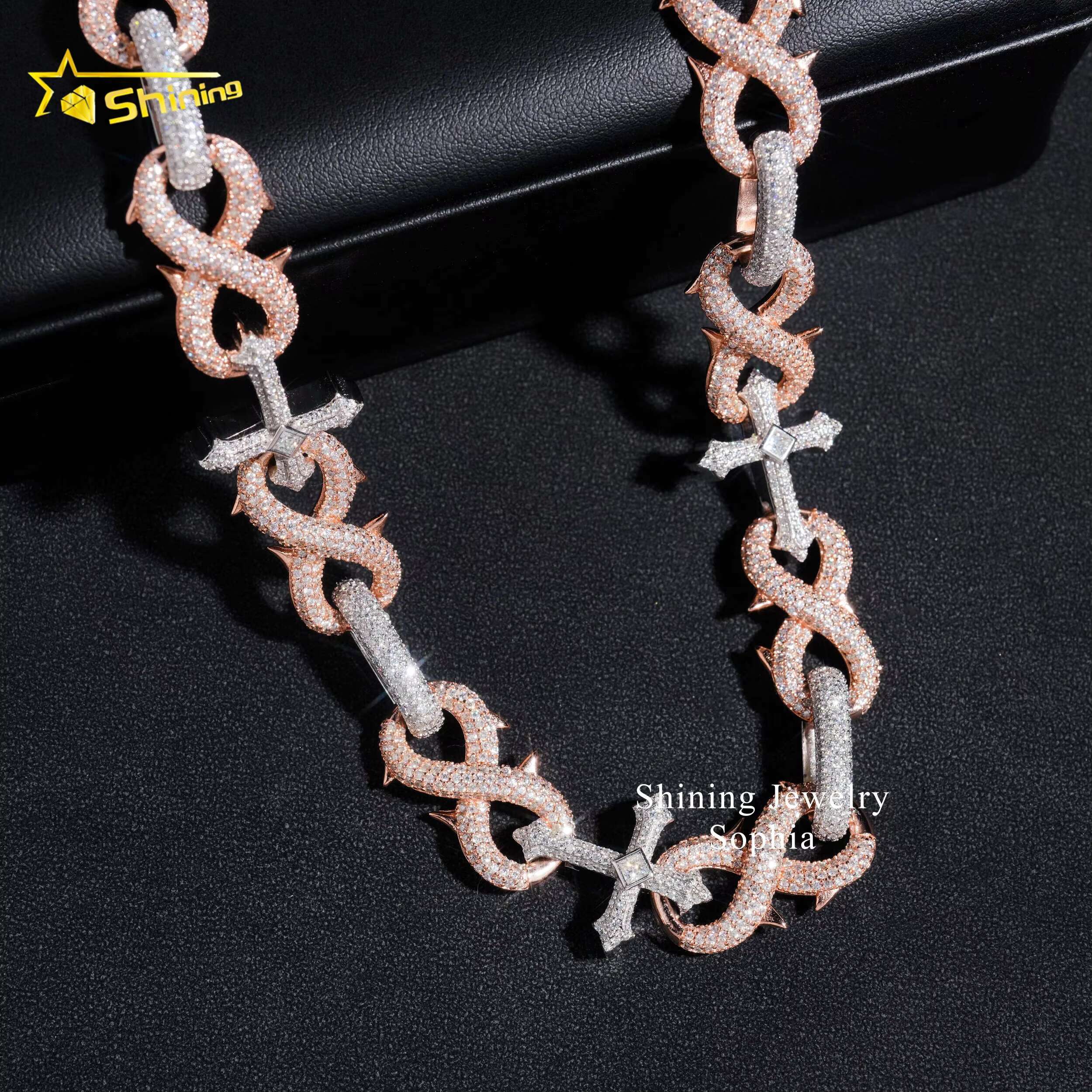 Pass Diamond Tester 16mm Luxury Infinity Style 14k Gold Plated Two Tone Cross Style Hip Hop Iced Out Cuban Chain Necklace