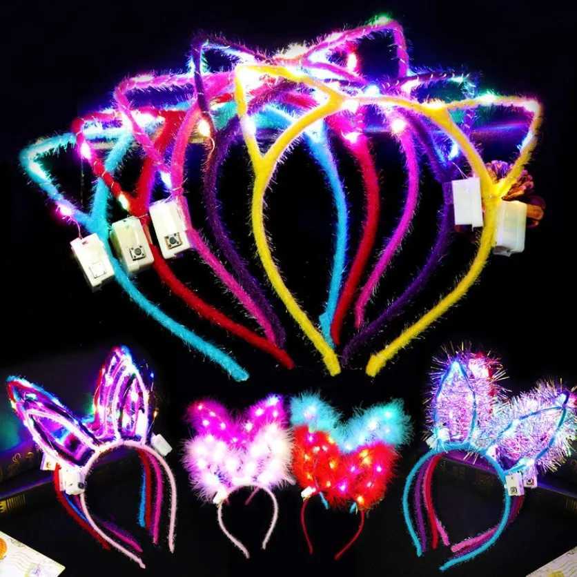 25pcs LED Glow Cat Bunny Ear Horn Hairbands Light Up Flash Headband Women Girl LED Neon Birthday Wedding Party Supplies W250528