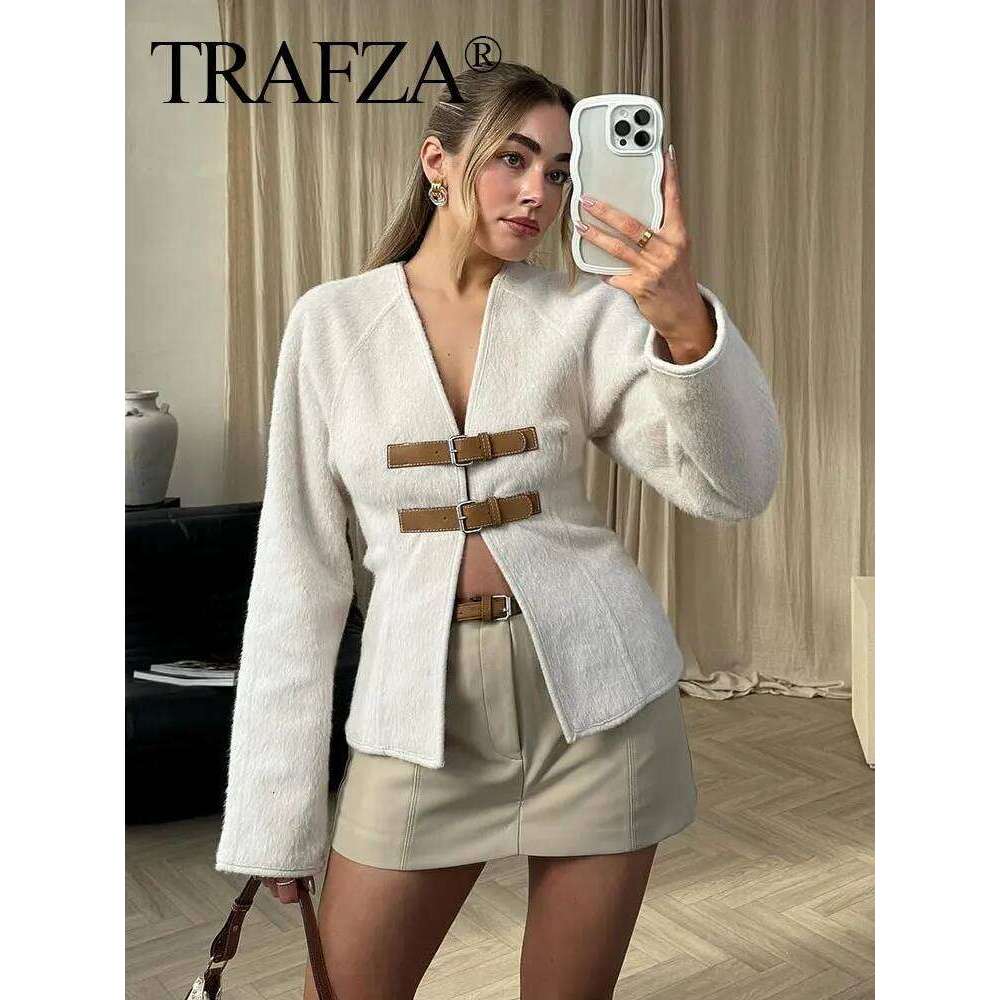 TRAFZA Retro Leather Buckle Woolen Coat Women Fashion Solid V Neck Long Sleeve Beige Jacket Autumn Spring Chic Female Streetwear
